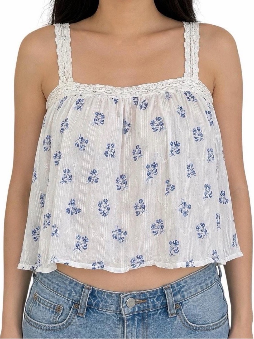 Joie White Cami with Blue Floral Print and Lace Straps